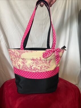 Polka Dot Trim Canvas Tote in Pink, Black & Cream